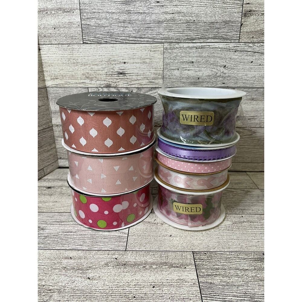 Mixed Ribbon Lot 8 Rolls Pink Purple Floral Polka Dot NOS